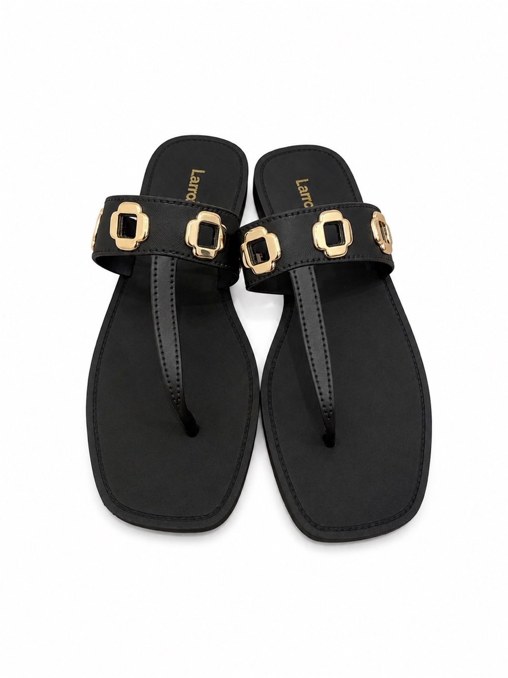 Larroude Black Thong Sandals with Gold Buckle Detail